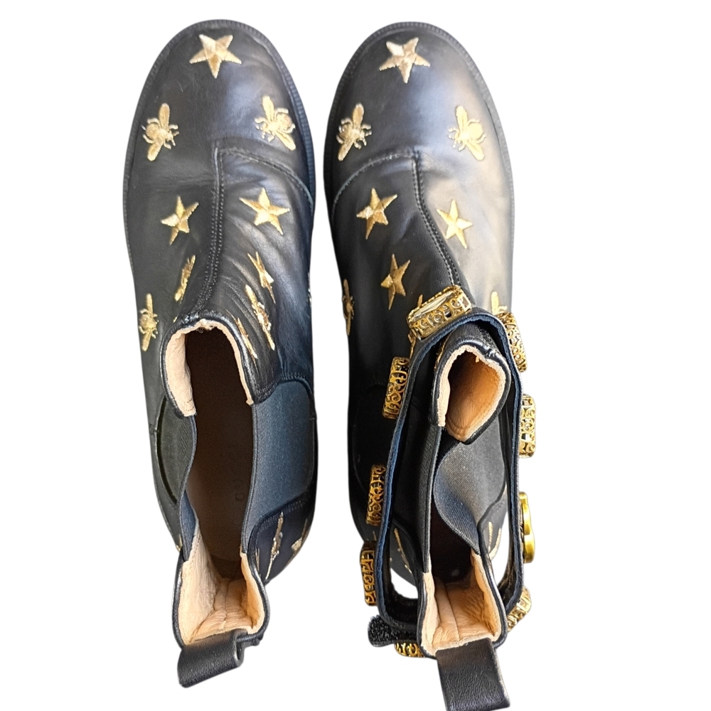 Gucci Stars and Bee Embroidered Leather Ankle Boots -Black Size 7.5 - 8 US - Picture 4 of 12
